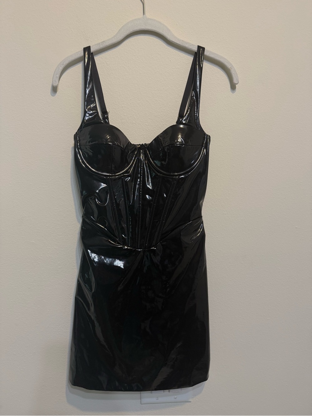 Oh Polly Black Faux Patent Mini Dress with Structured Bust